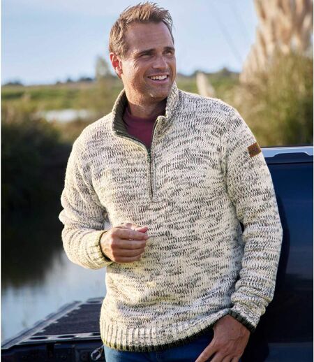 Melírovaný pletený sveter so stojatým golierom na zips