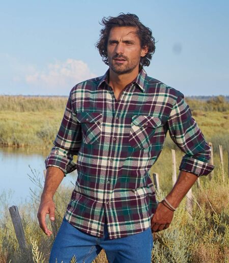 Men's Comfortable Checked Flannel Shirt - Plum Green