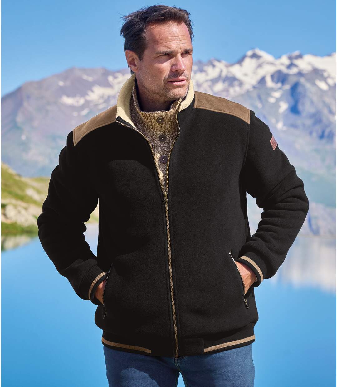 Men's Black Sherpa-Lined Fleece Jacket