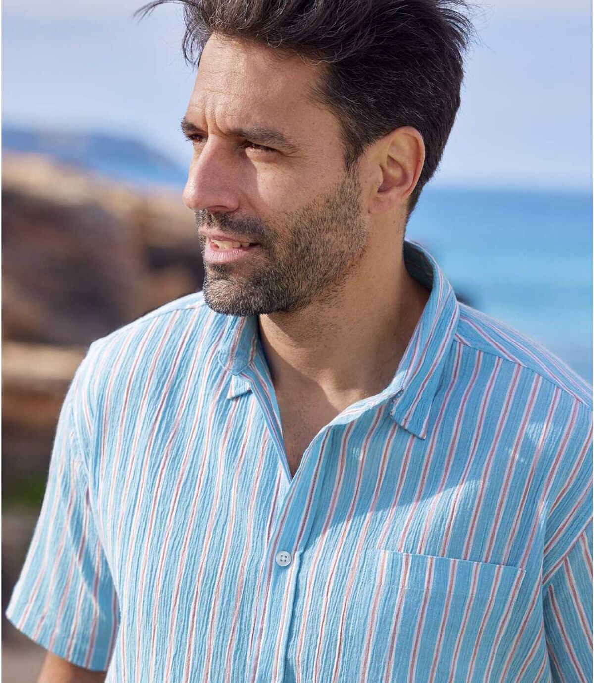 Men's Striped Crepe Shirt - Blue White Pink Atlas For Men