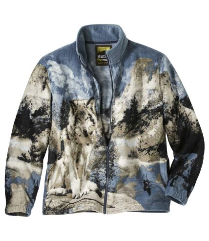 Men's Wolf Print Fleece Jacket - Blue Grey