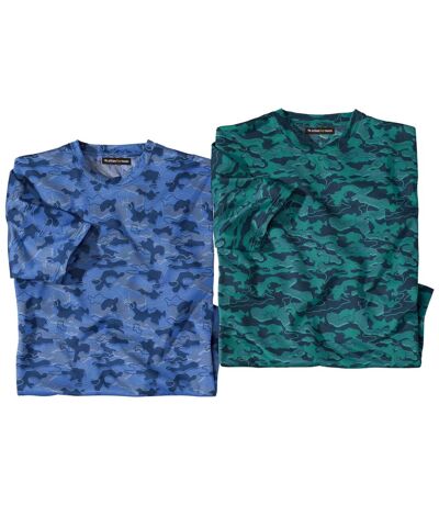 Pack of 2 Men's Camouflage Print T-Shirts - Green Blue