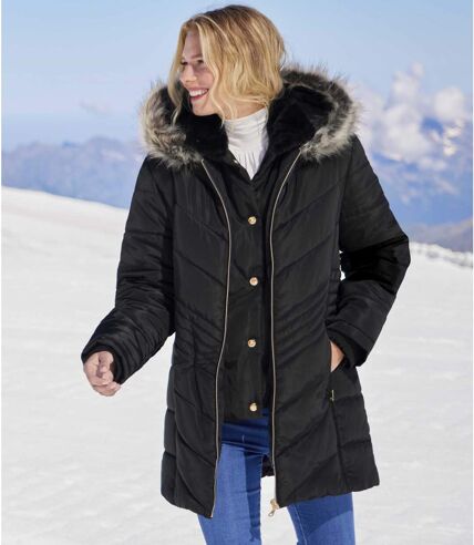 Women's Black Padded Jacket with Faux-Fur Hood - Water-Repellent  