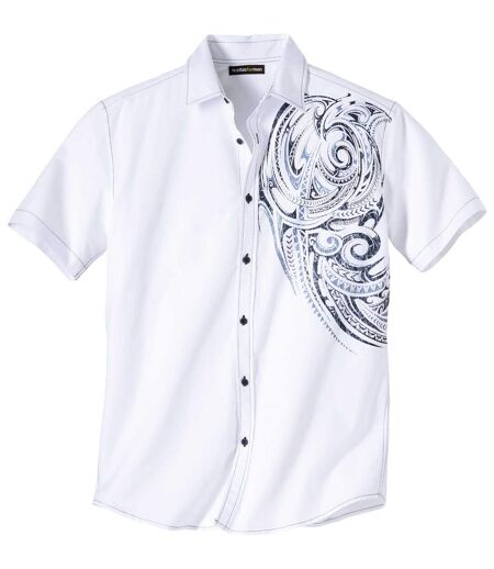 Popelinowa, biała koszula z polinezyjskim nadrukiem