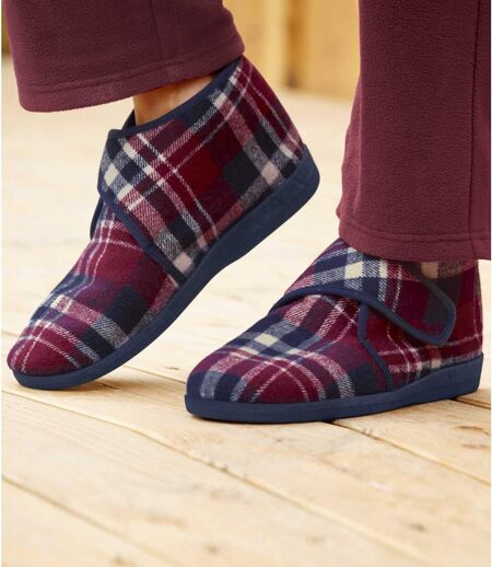 Men's Checked Sherpa-Lined Slippers - Burgundy Navy