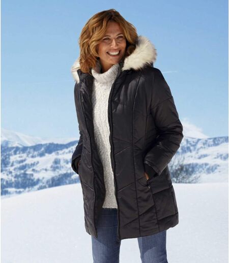 Women's Black Winter Padded Coat - Faux Fur Hood