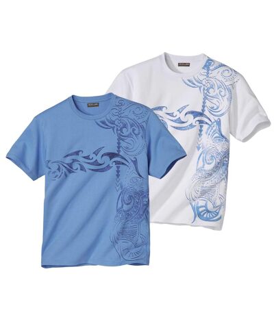 Pack of 2 Men's Print T-Shirts - Blue and White