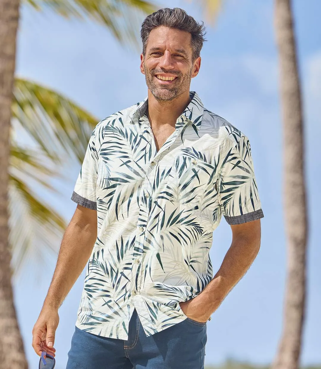 Men's White Tropical Palm Shirt-7