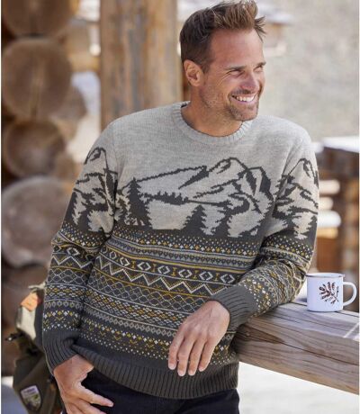 Trykotowy żakardowy sweter w górskie wzory 