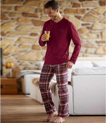 Men's Burgundy Tartan-Style Pyjama Set 