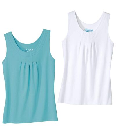 Pack of 2 Women's Summer Vest Tops - White Turquoise