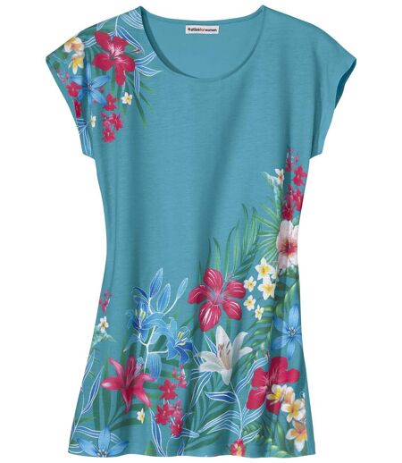 Women's Floral Longline T-Shirt - Turquoise