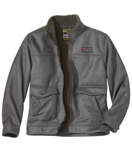 Men's Gray Sherpa-Lined Faux-Suede Jacket - Water-Repellent