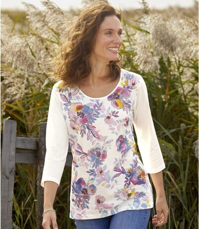 Women's Floral Watercolor T-Shirt with Three-Quarter Sleeves