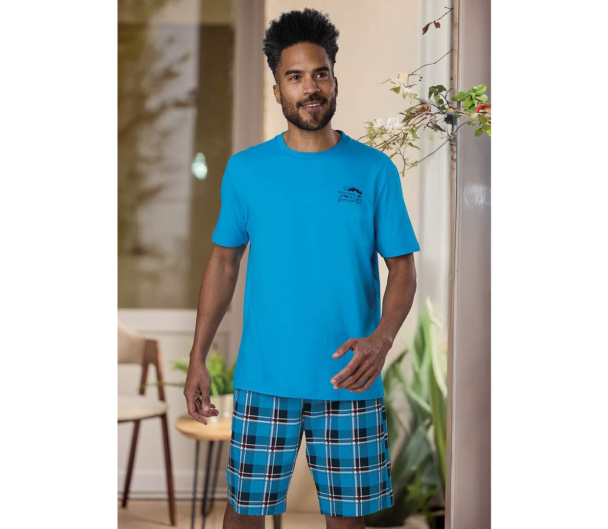 Men's Checked Pyjama Short Set - Blue-1