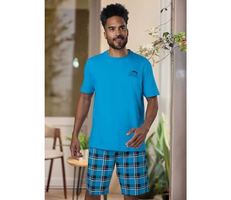 Men's Checked Pyjama Short Set - Blue