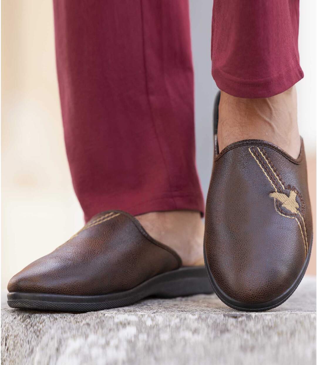 Men's Faux-Leather Slippers - Brown Atlas For Men