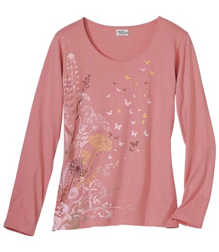 Women’s Pink Long Sleeve Top with Floral Pattern