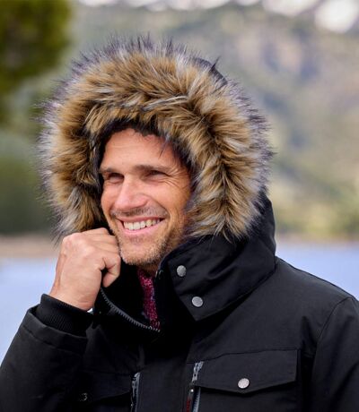 Men's Black Parka with Faux-Fur Hood