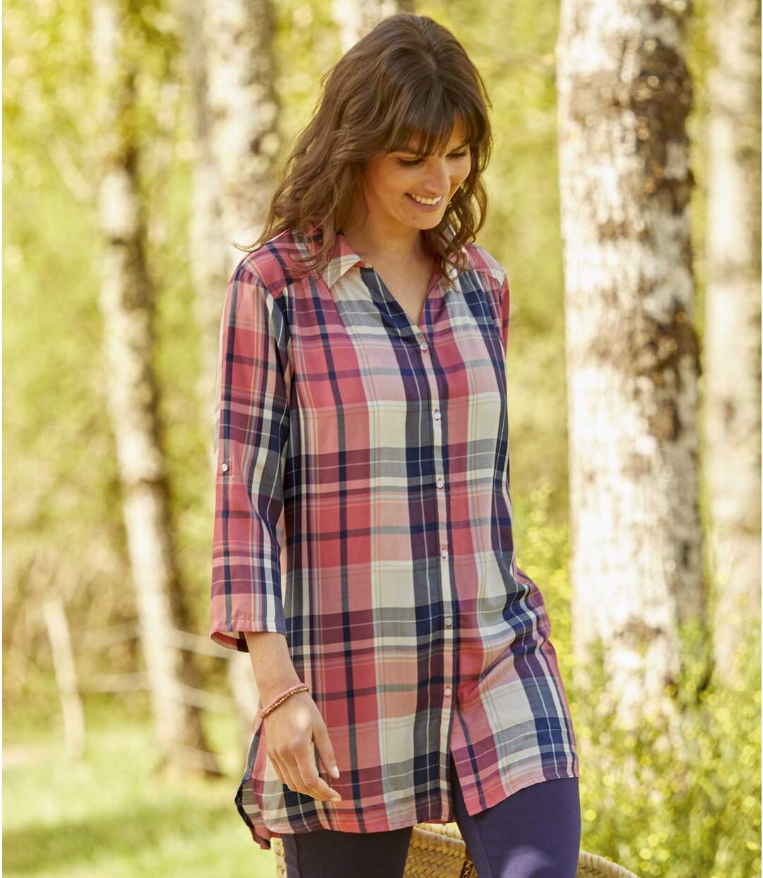 Women's Longline Checked Shirt - Blue White Pink-2