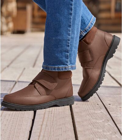 Boots en Croûte de Cuir Scratchées Fourrées Sherpa