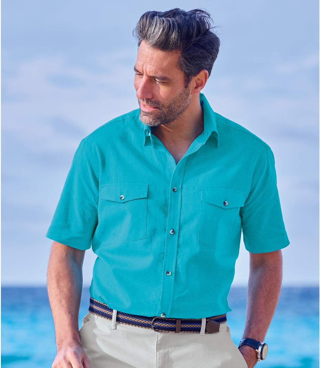 Men's Turquoise Linen & Cotton Blend Shirt-3