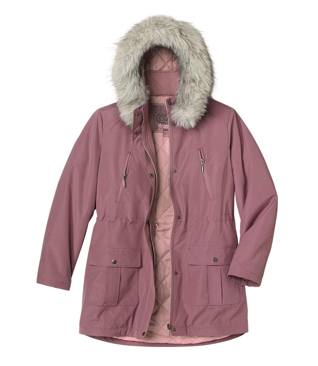 Műszőrme kapucnis, hamvas rózsaszín, steppelt bélésű parka-2