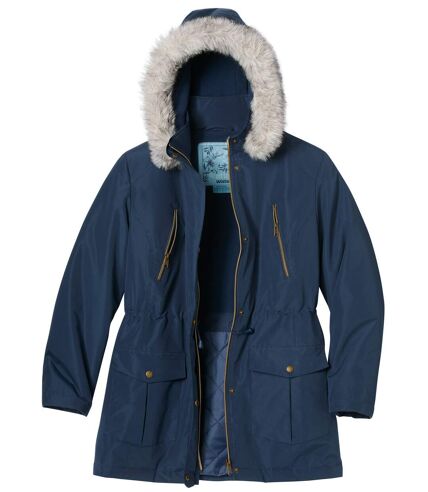 Women's Navy Parka with Faux-Fur Hood - Water-Repellent