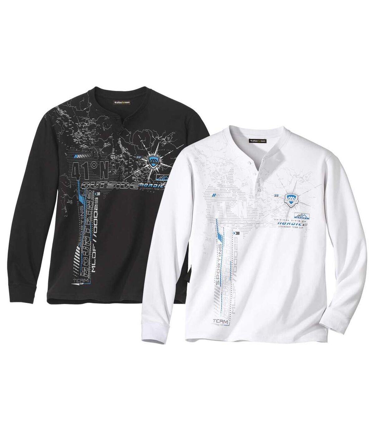 Pack of 2 Men's Print Button-Neck Tops - Black White Atlas For Men