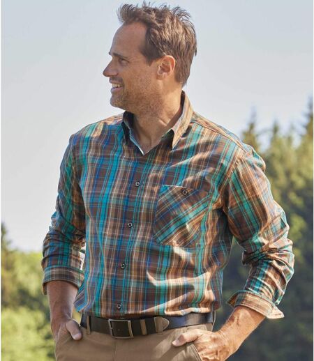 Men's Fall Checked Poplin Shirt - Brown Turquoise