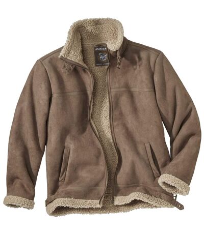 Men's Brown Sherpa-Lined Faux Suede Jacket - Full Zip