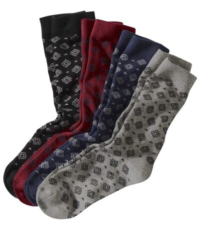 Pack of 4 Men's Pairs of Patterned Socks - Light Gray Burgundy Navy Black