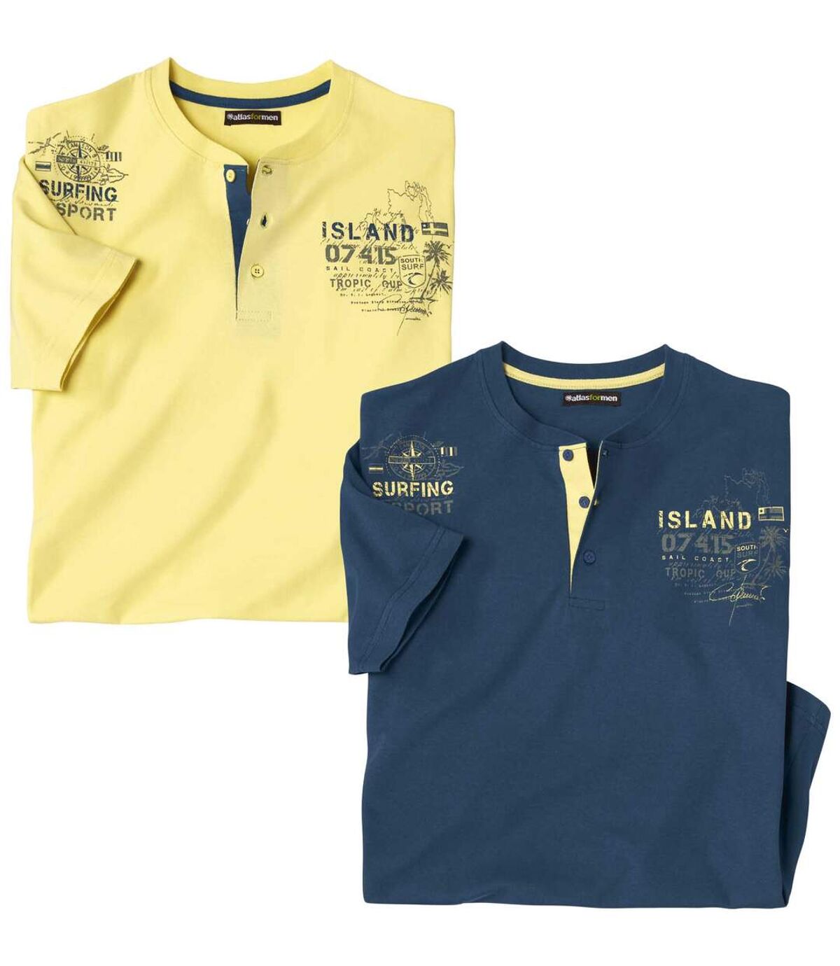 Pack of 2 Men's Button-Neck T-Shirts - Yellow Navy  Atlas For Men