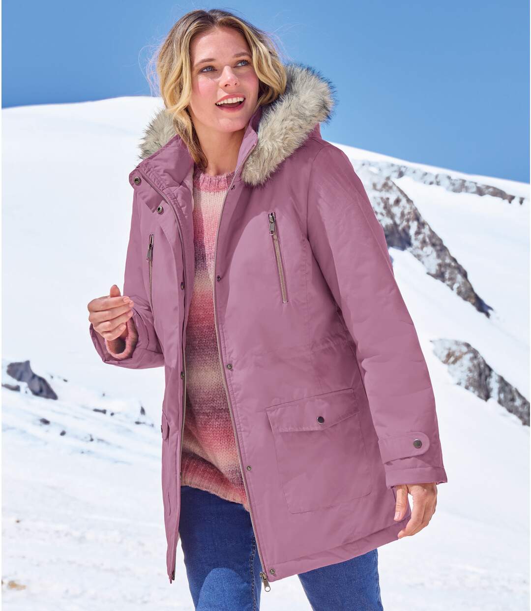 Parka à Capuche Fausse Fourrure Rose 