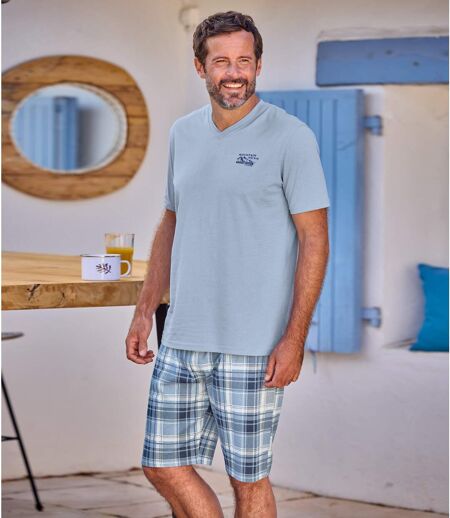 Men's Blue Checked Pyjama Short Set 