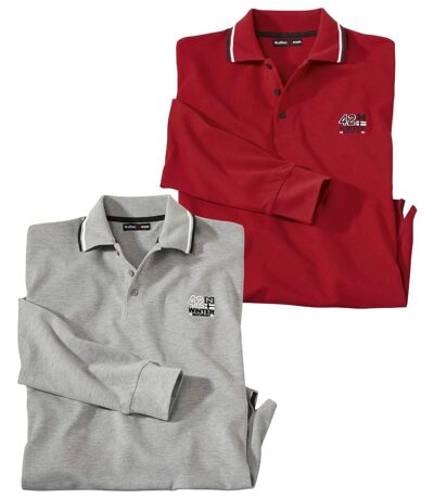 Pack of 2 Men's Gray & Red Polo Shirts - Long-Sleeved