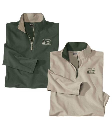 Pack of 2 Men's Half Zip Tops - Beige Green 