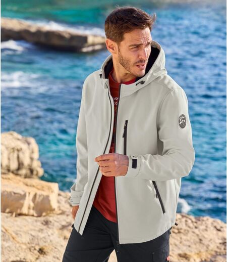 Men's Beige Hooded Softshell Jacket - Water-Repellent