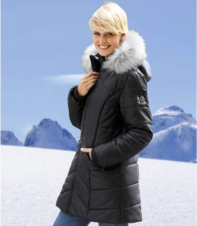 Women's Black Water-Repellent Padded Coat - Removable Faux Fur Hood