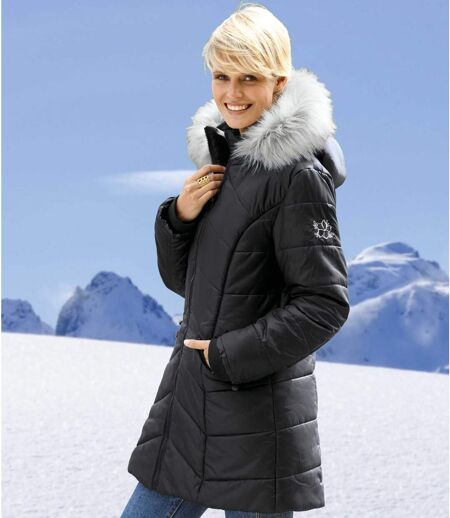 Women's Black Winter Chill Padded Parka - Removable Faux Fur Hood