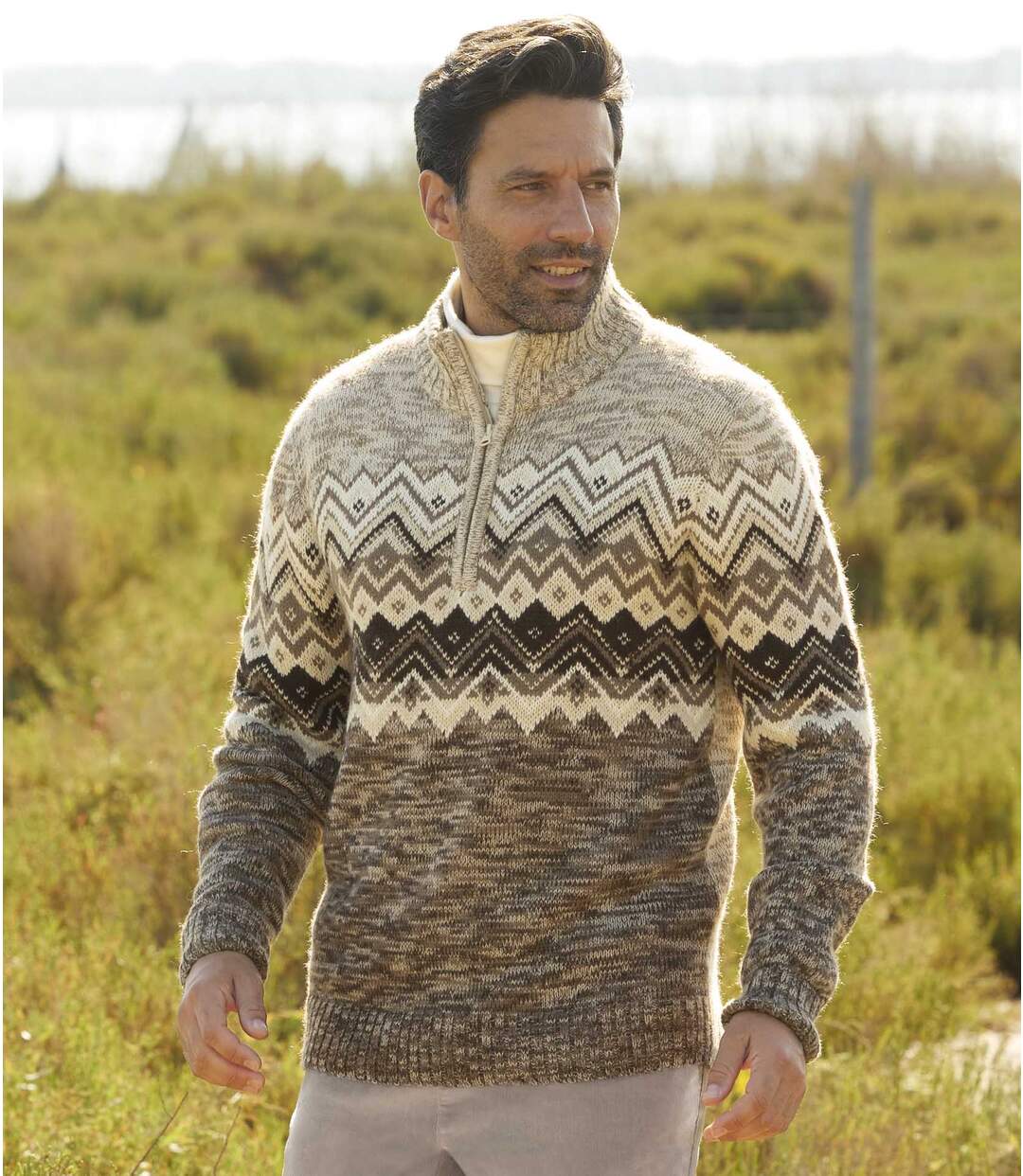 Men's Knitted Patterned Sweater - Beige Brown Atlas For Men