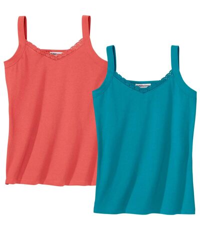 Pack of 2 Women's Macramé Vest Tops - Coral Blue
