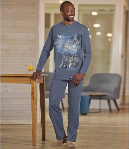 Men's Wolf Print Cotton Pyjamas - Blue