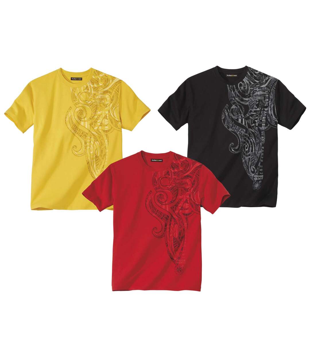 Pack of 3 Men's Graphic Print T-Shirts - Yellow Black Red Atlas For Men