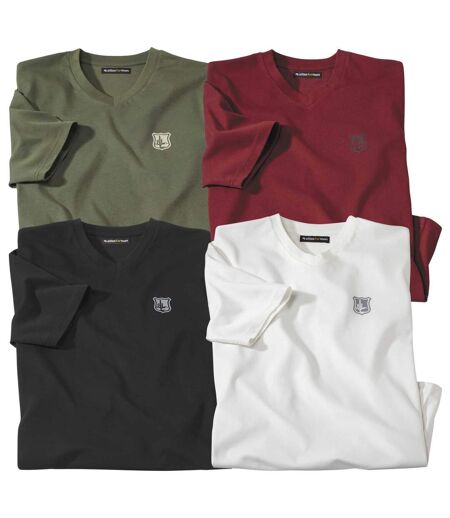 Pack of 4 Men's V-Neck Cotton T-Shirts - Ecru Black Khaki Red