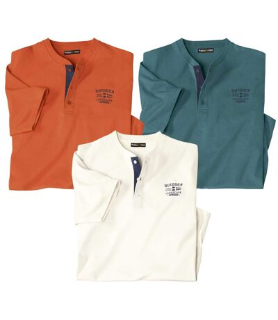Pack of 3 Men's Henley T-Shirts - Ecru Orange Green
