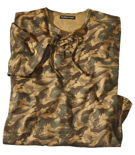 Tee-Shirt Col Lacé Imprimé Camouflage  