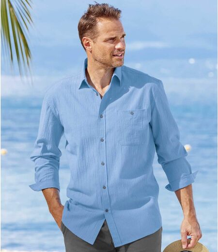 Men's Blue Long-Sleeved Crepe Shirt