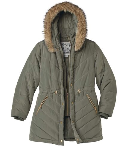 Women's Padded Coat with Hood - Khaki