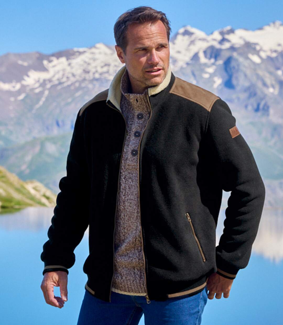 Men's Black Sherpa-Lined Fleece Jacket